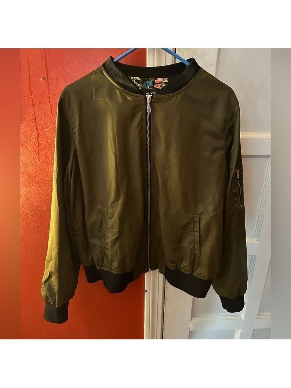 ALYX Satin Olive Green Lined Full Zip Pockets Military Bomber Jacket - Picture 6 of 13